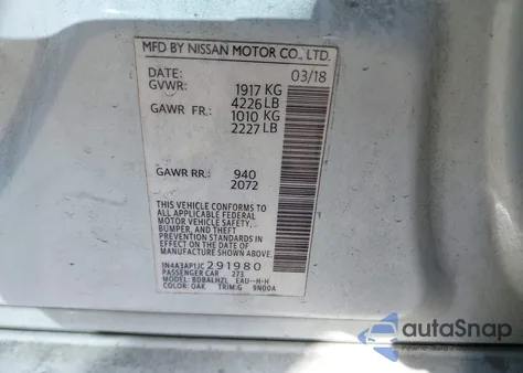 2018 Nissan Altima 2.5 Sr из США, поврежденный, VIN 1N4AL3AP1JC291980